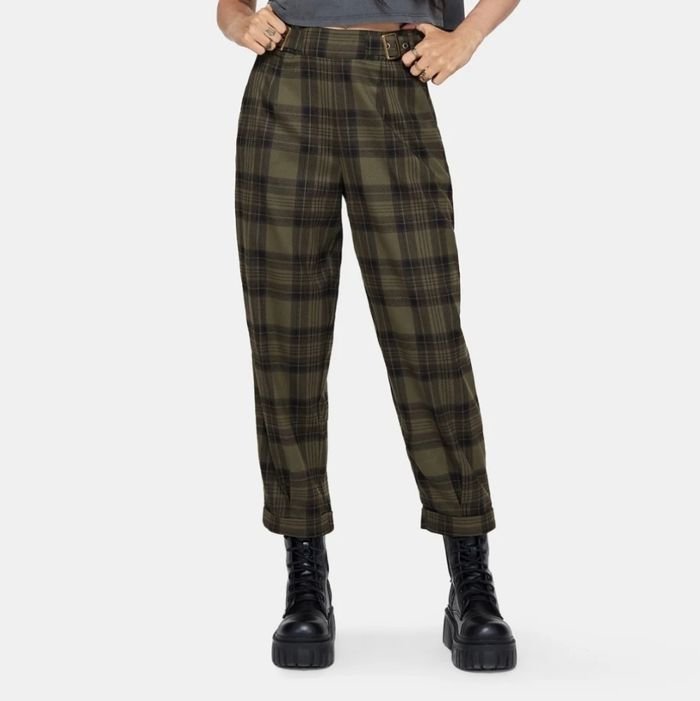 Disturbia Cecily Olive and Black Plaid Trousers - Picture 2 of 10